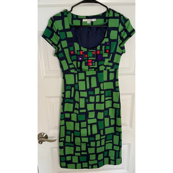 Boden Geometric Jewel Embellished Dress Green Navy Cap Sleeve Size US 2 - Picture 1 of 7